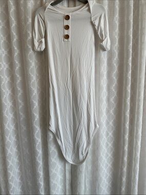 #908 Caden Lane Cream Infant Knotted Gown with Wood Buttons